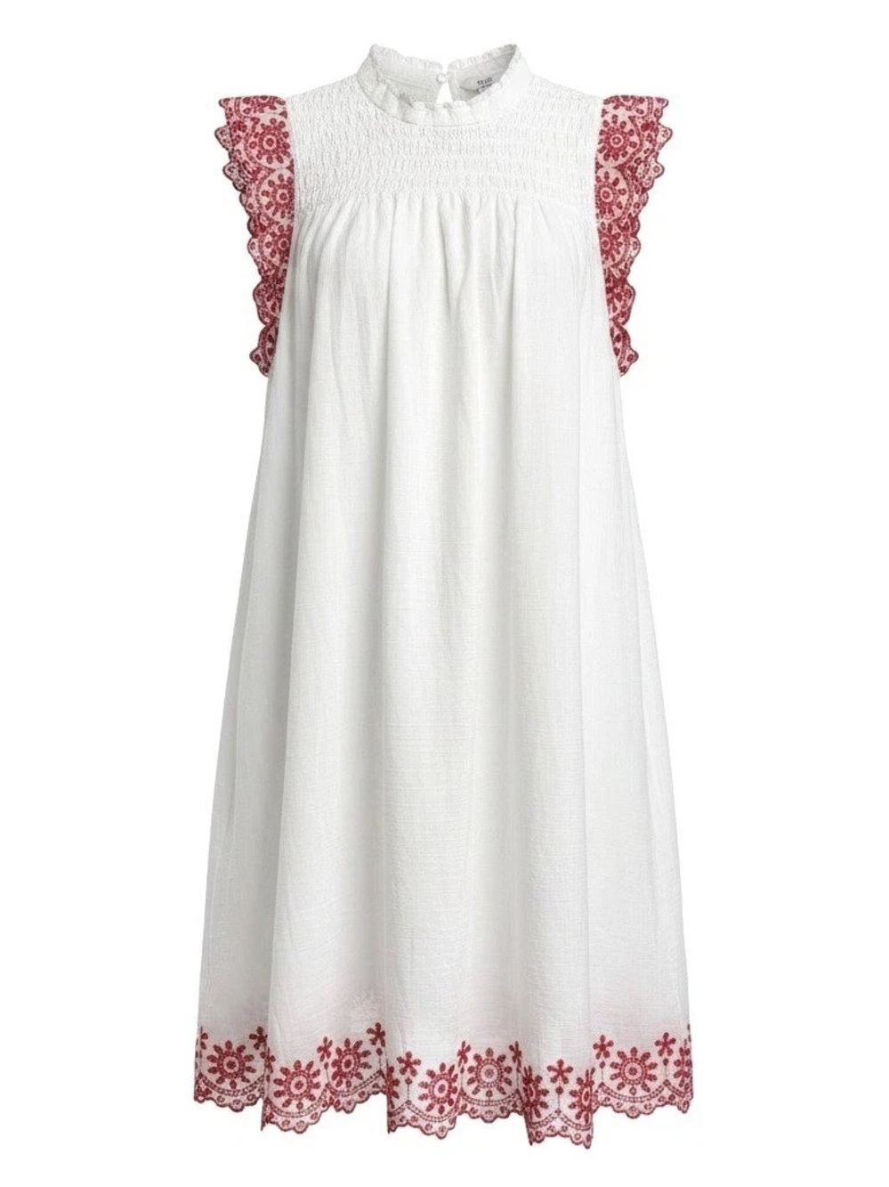Cotton White High Neck Short Sleeve Dress w/ Red Floral Embroidered Trim S